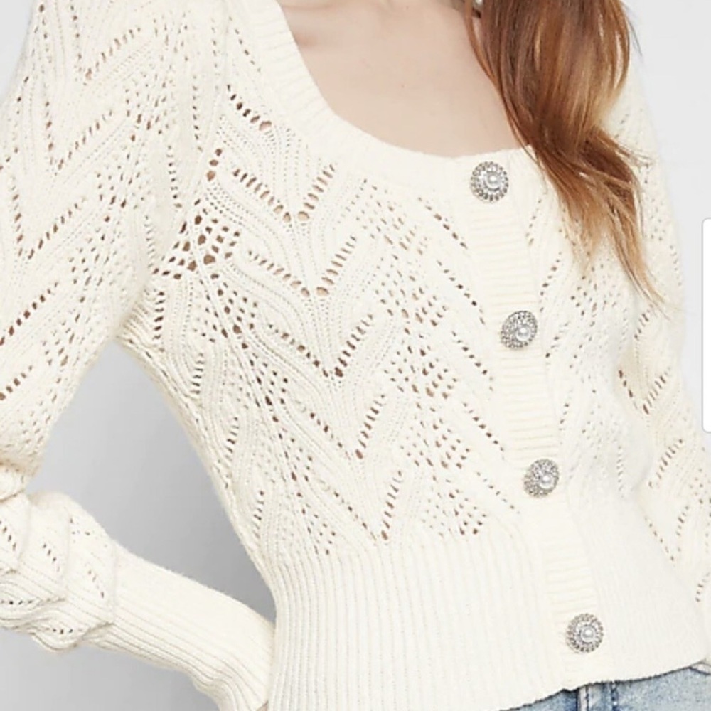 Express Cream Cardigan with rhinestone and pearl button detail